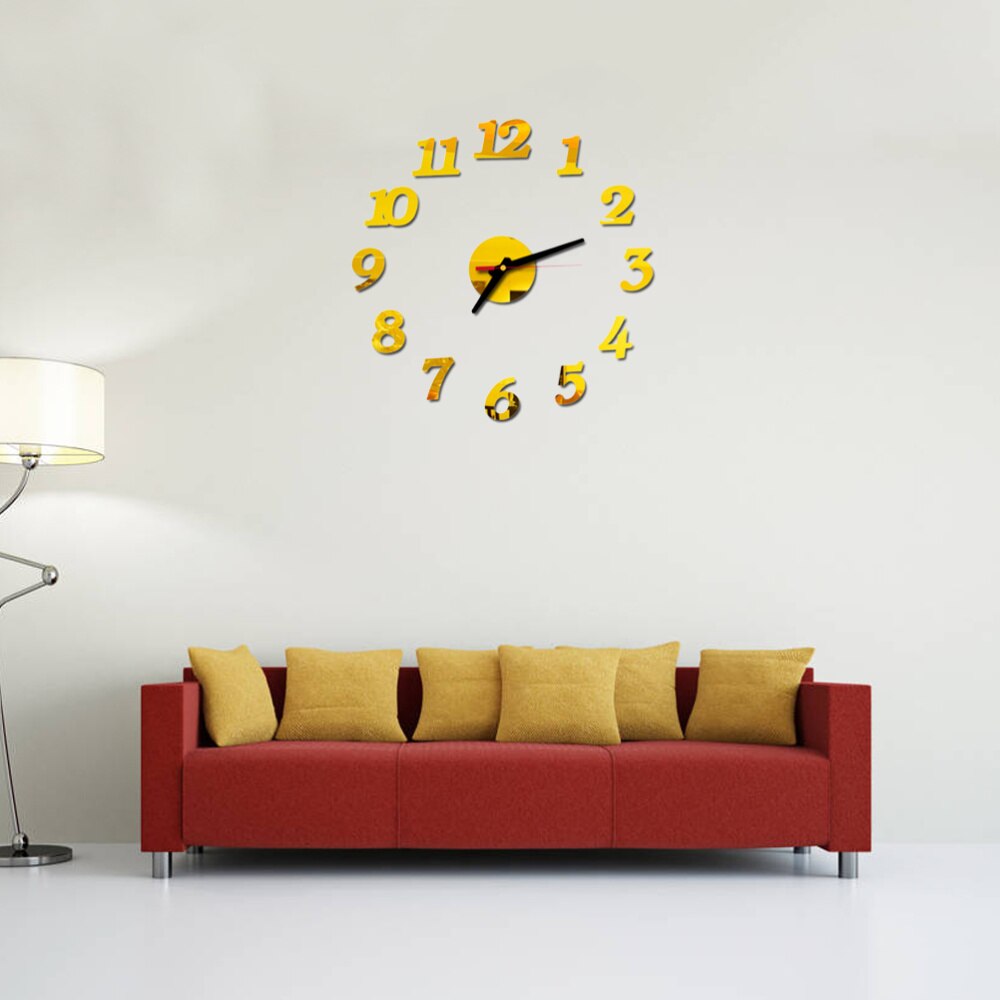 Frameless DIY Wall Clock Arabic Numbers Adhesive Modern Art Wall Clock Silent 3D Acrylic Sticker Home Decorations for Living Roo: Golden