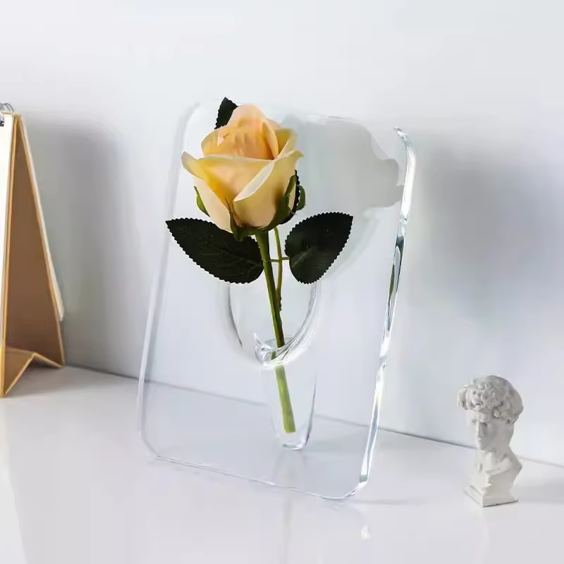 Florero con marco de fotos acrílico, soporte transparente para flores para sala de estar, decoración de mesa, cultivo de agua para plantas, de decoración del hogar