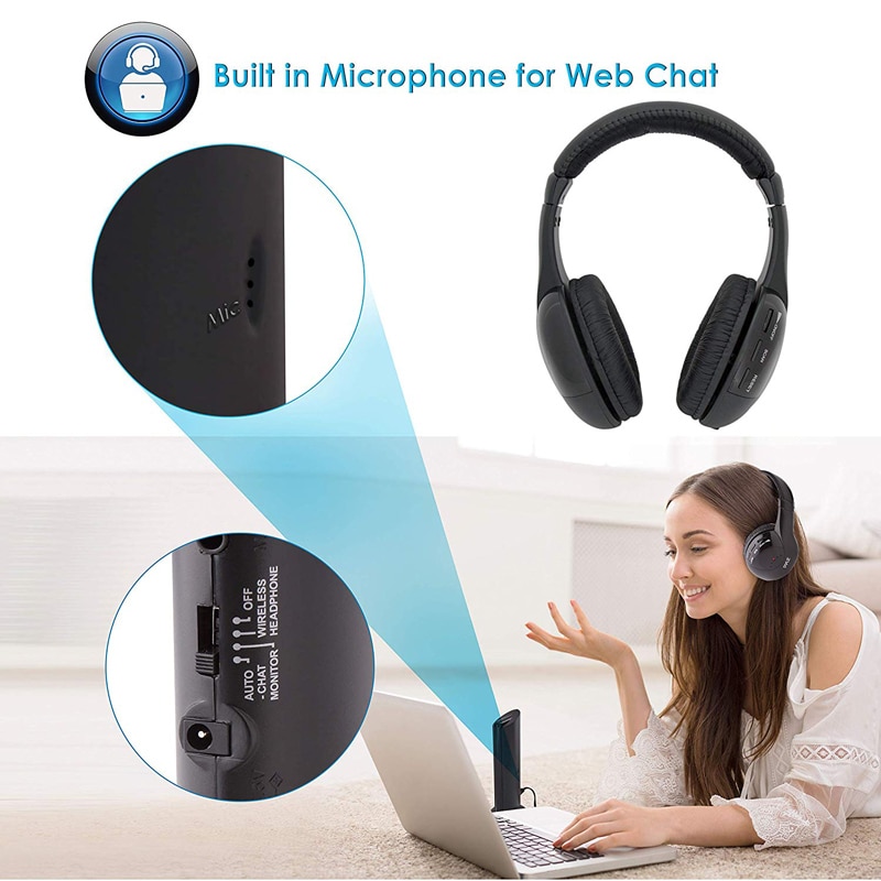 5in1 Universa Headset Wireless Noise Cancelling Headphone Cordless RF Mic For PC TV DVD CD MP3 MP4 Wireless Headphone
