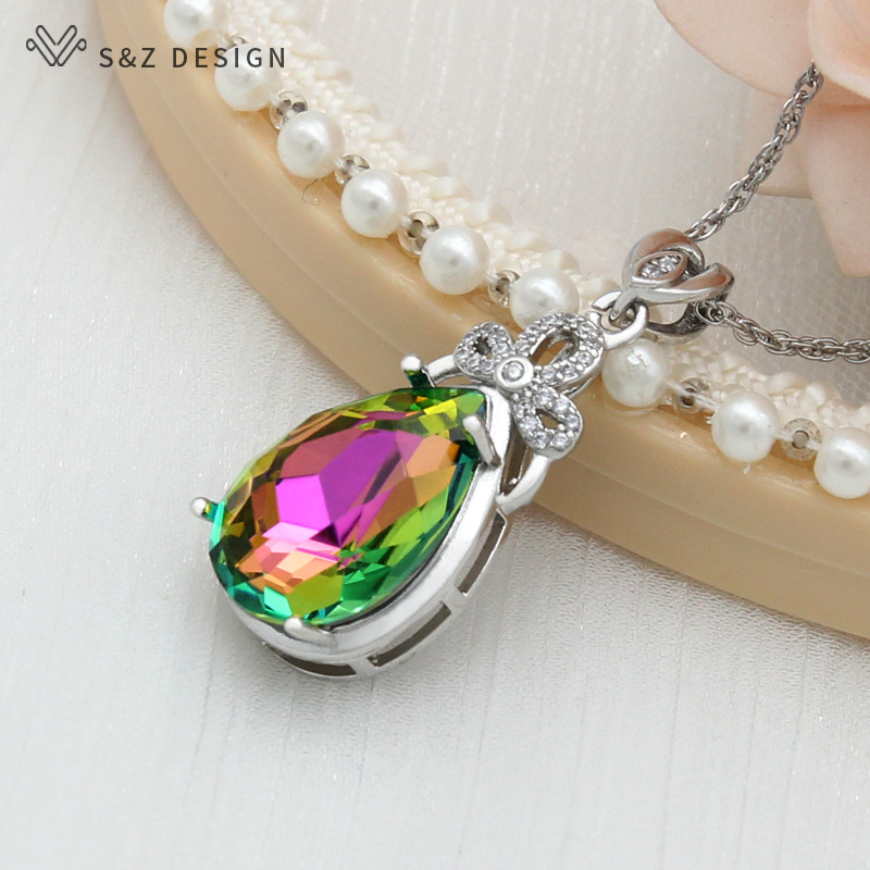 S & Z uco-Collier pendentif goutte d'eau en cristal coloré pour femme, or rose 585, bijoux de mariage,: Titane plaqué