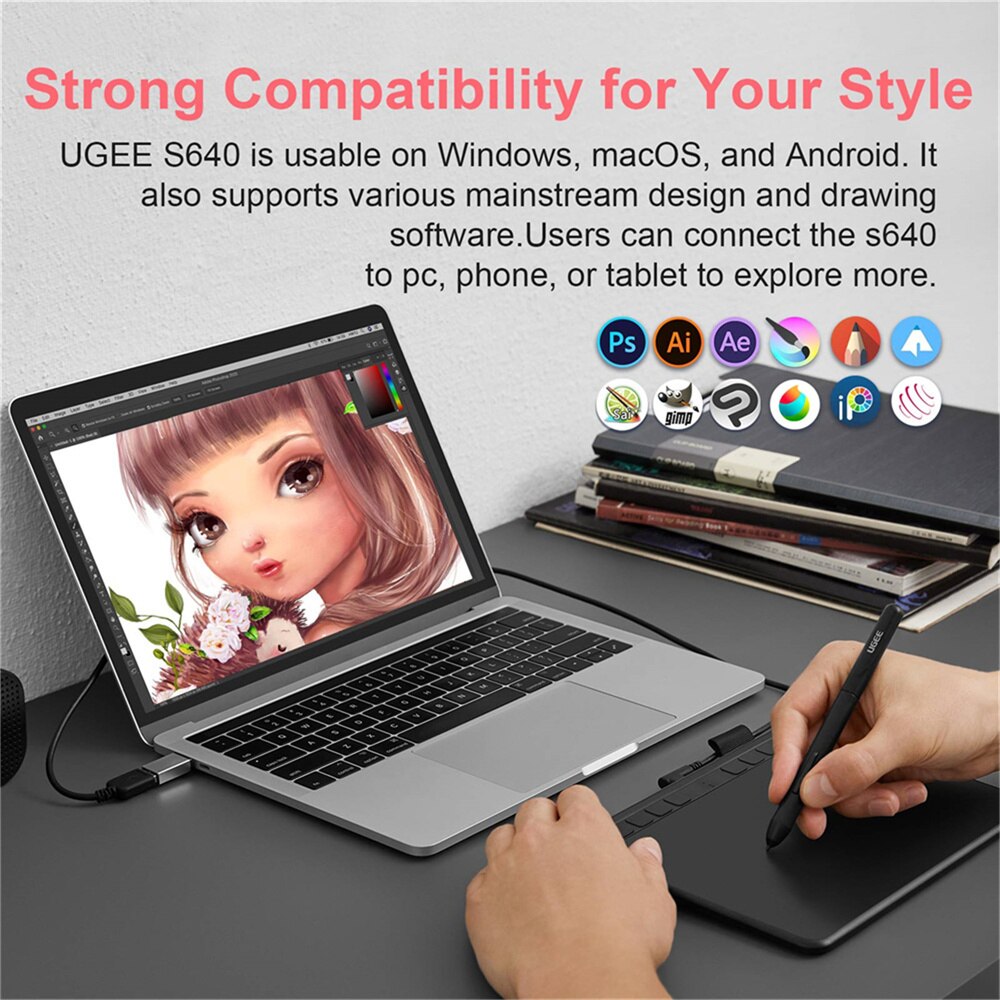 UGEE S640 Drawing Tablet 6.3x4 inches Digital Pen Tablets with Battery-free Stylus 10 Shortcuts Support Android Windows Mac OSU