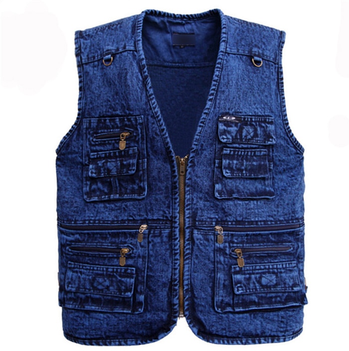 Men's Vest Outerwear Denim Waistcoat Deep Blue Color Plus Size Sleeveless Jacket Multi-pocket Size XL To 5XL Large