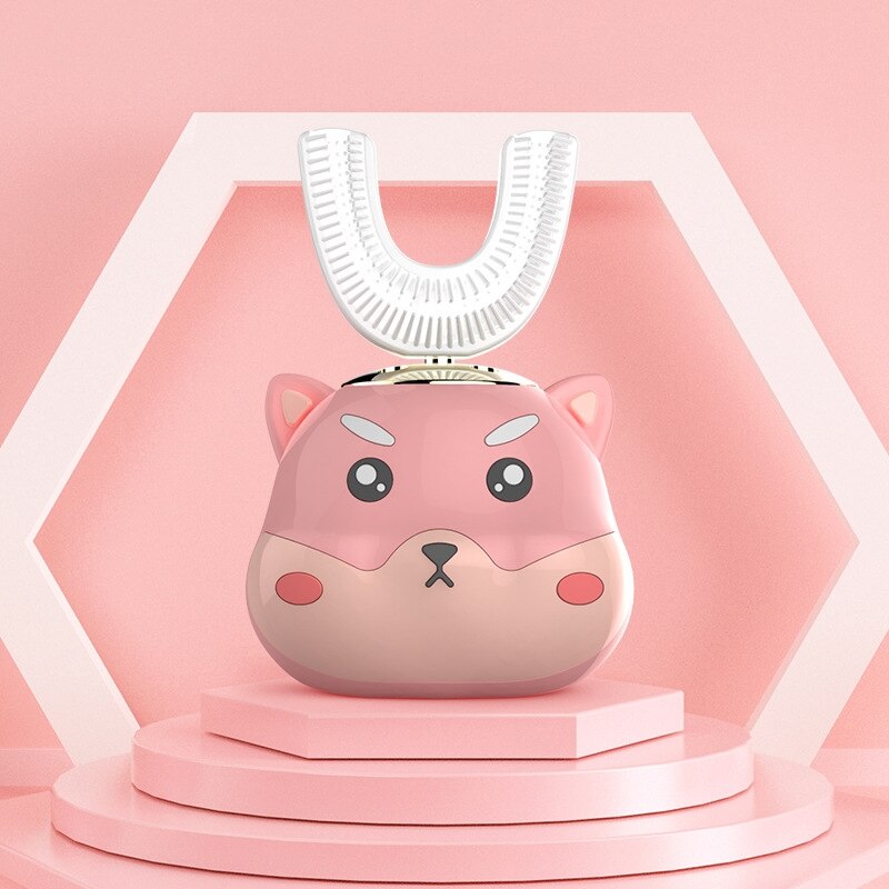 Cepillo de dientes eléctrico ultrasónico de grado alimenticio cabezal de cepillo de silicona para niños 360 grados de dibujos animados Linda mascota en forma de U cuidado de los dientes
