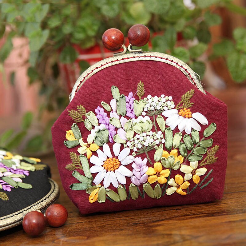 3D DIY Ribbon Embroidery Bag Set, Needlework Kits Cross Stitch Chain Bag with Hoop,Handmade Swing Purse Wallet: D