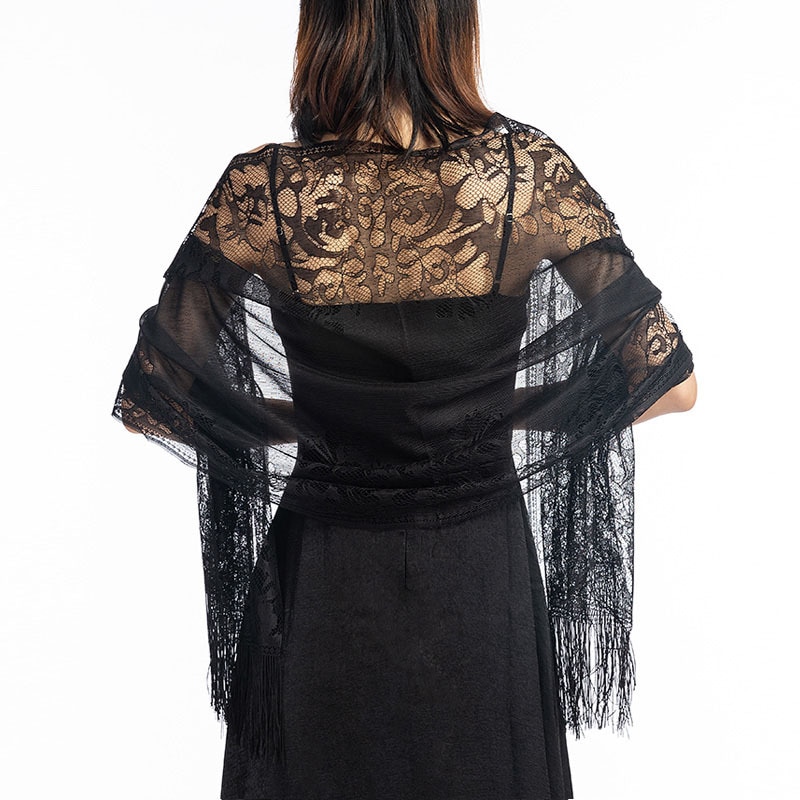 Kanten Sjaal Bruid En Bruidsmeisje Vrouwen Sjaal Wraps Party Holle-out Gehaakte Bloemen Tassel Tulle Sjaals Dames Retro Shawl: Black