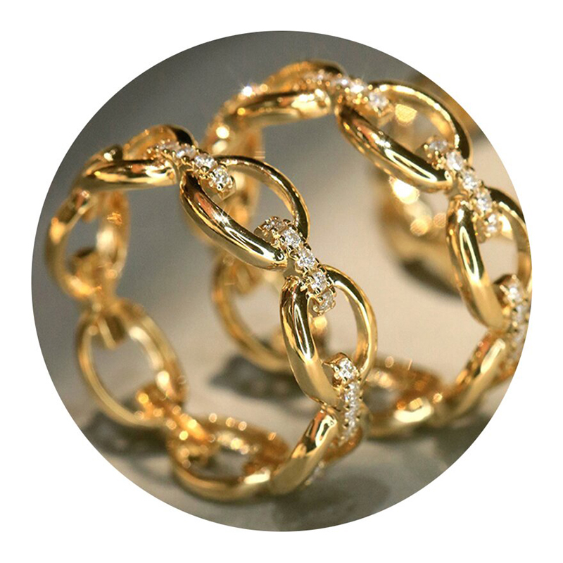 Huitan Women Ring Gold Color Chain Inlaid Bright Cubic Zirconia Wedding Party Accessories Luxury Daily Jewelry