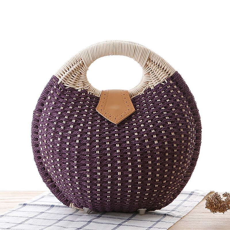 Summer Beach Bag Straw Bag Shell Shaped For Ladies Women's Handbags Handmade Bohemian Bali Rattan Handbags Women Purse: Purple