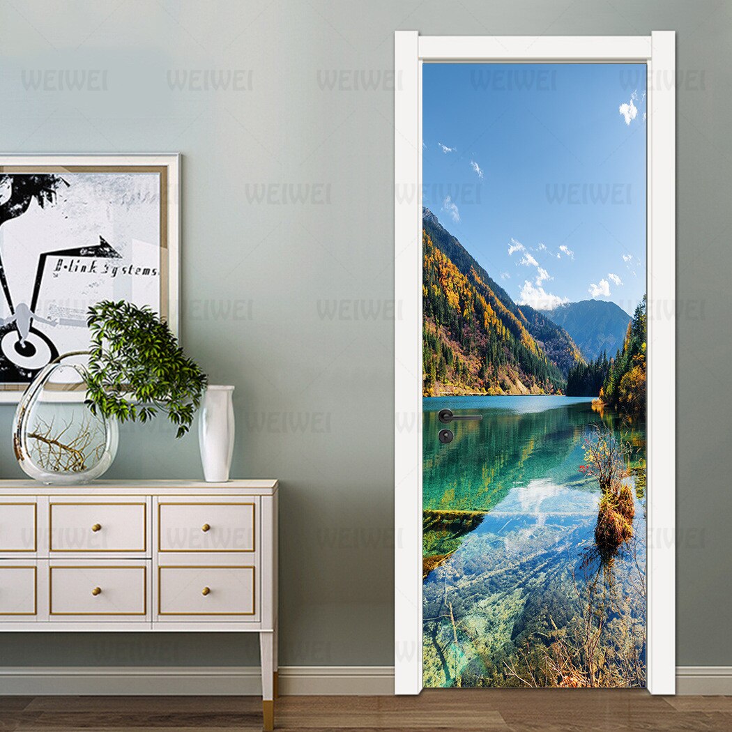 Beautiful Scenery and Beautiful Home Decoration Door Stickers Mountain and Lake Living Room Door Decals Bedroom PVC 2 Pieces Set