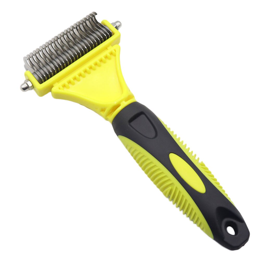 Peine de esterilla para perros y gatos, rastrillo de aseo de 2 lados, fácil de quitar ángulos, cepillo para quitar el pelo: Yellow