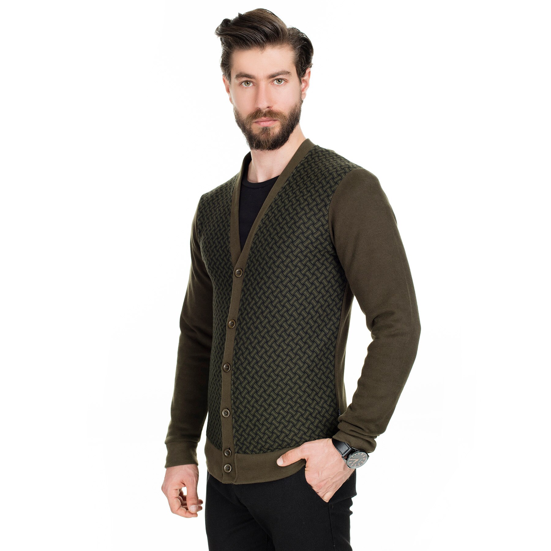 Buratti col en V bouton Cardigan homme CARDIGAN 456213 K1: Olive drab / XL