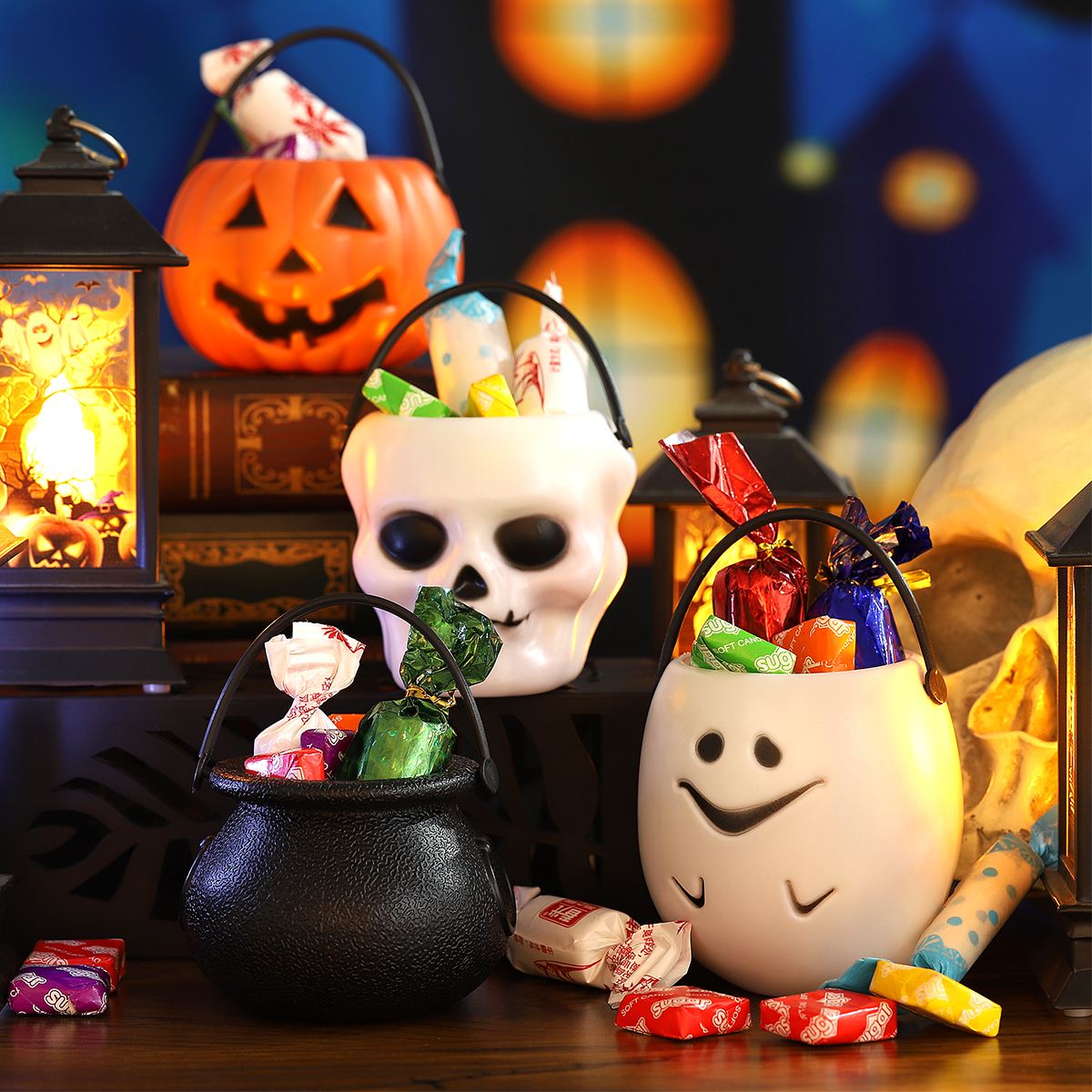 2pcs Halloween Candy Buckets Trick Or Treat Candy Pots Snack Buckets Party Holder Halloween Candy Pot Ornament Skull Witch Toy