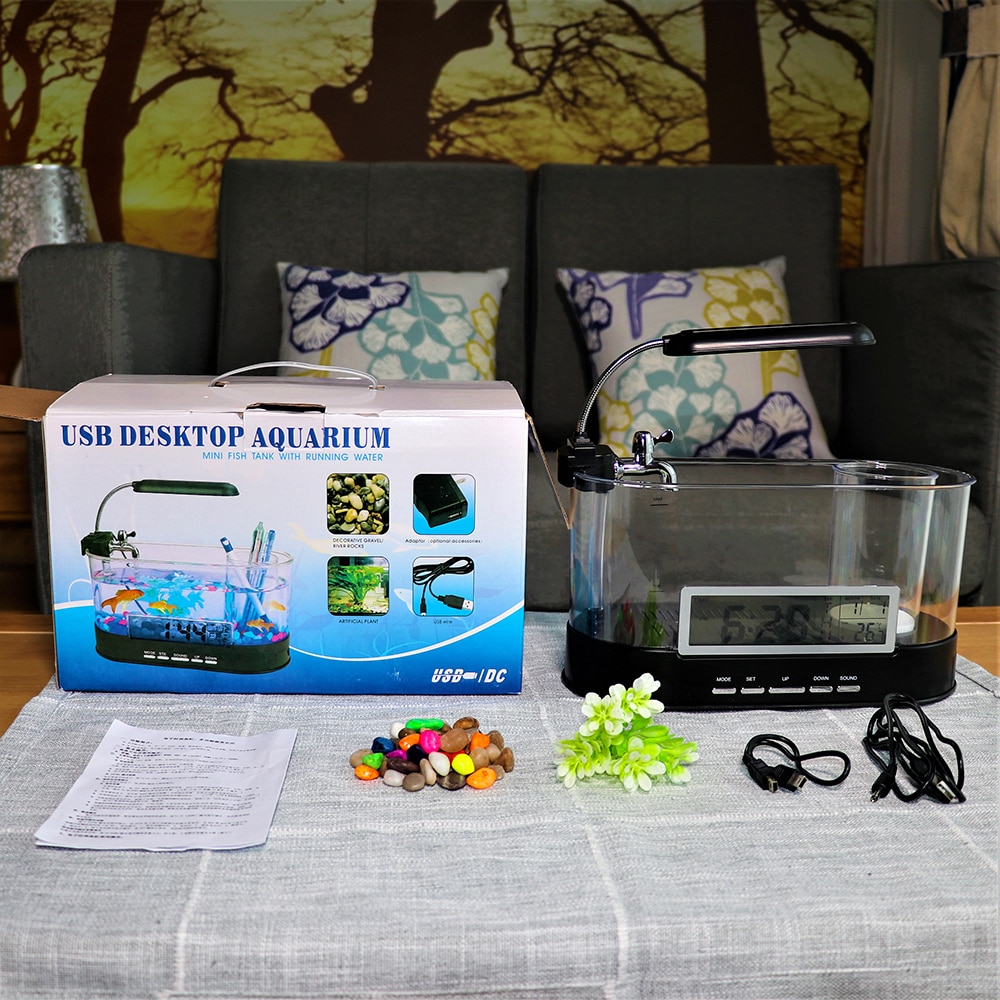 Black/White LED Light Fish Tank Mini Aquarium 5V USB Charging 1.5L capacity LCD Clock digital Display Time/date/temperature D30