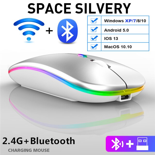 Oplaadbare Draadloze Muis Bluetooth Muis Stille Mause Wifi Muis Ergonomisch Mini Muis Usb Optische Muizen Voor Pc Laptop Desktop: Bluetooth Silver