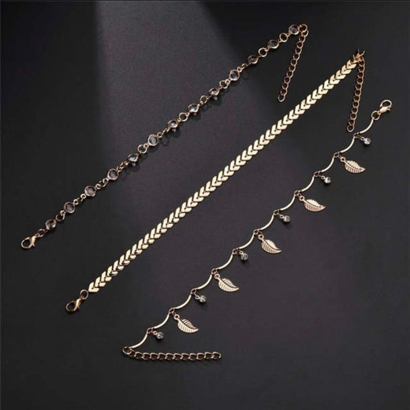 Summer Ladies Leaf Anklet with Round Alloy Arrow Anklet Three-Piece Crystal Leaf Anklet Popular Accessories