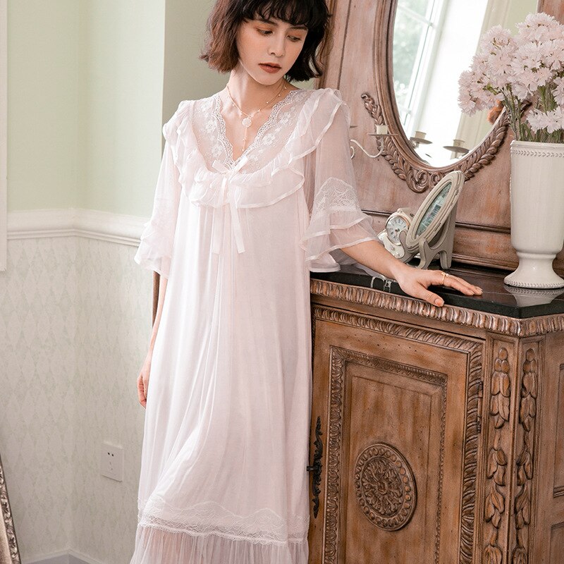 Camisón Vintage para mujer, vestido de noche romántico de princesa de encaje de malla de hadas, ropa de dormir victoriana larga, camisón de verano