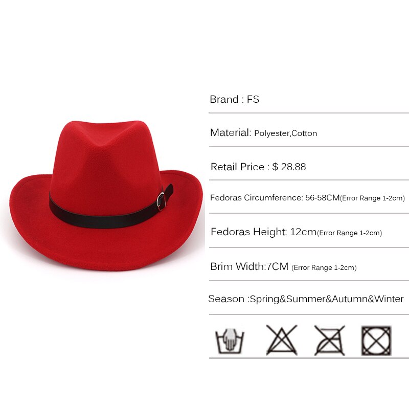 FS-sombreros Fedora de lana para hombre y mujer, sombrero de fieltro de Trilby, visera rizadora Vintage, sombrero de vaquero con cinturón de cuero, para invierno