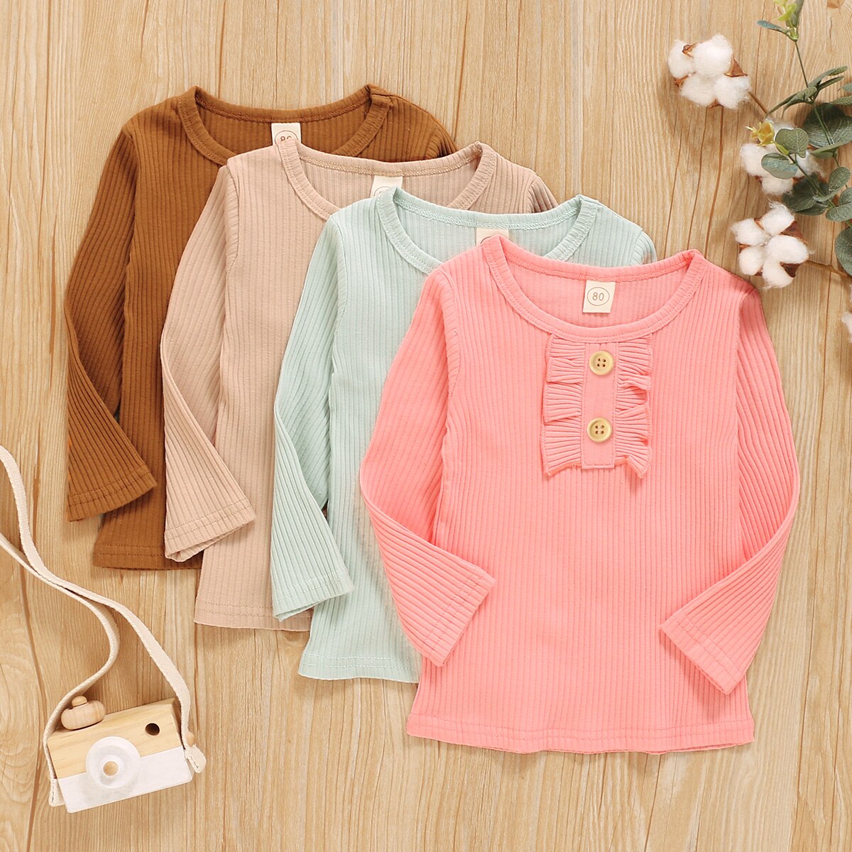 Herfst Winter Gestreepte Baby Meisjes Lange Mouw T-shirt Effen Kleur Ruche Decoratie Knop Klassieke Ronde Hals Lente Kleding