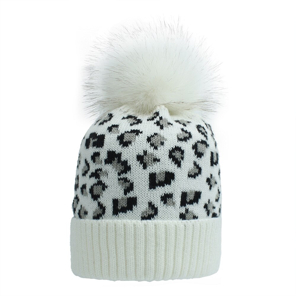 Gebreide luipaard mutsen dames pompon pompom wintermuts met pompon muts pompons voor muts imitatiebont casual warme gebreide muts muts: Wit