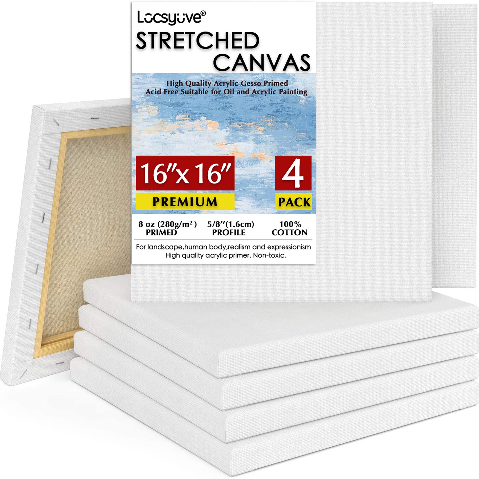 Locsyuve 16x16 inch Stretched Canvas, 100% Cotton, 8 oz Primed 4-Pack, White Blank Canvas for, Acrylic, Oil Paint