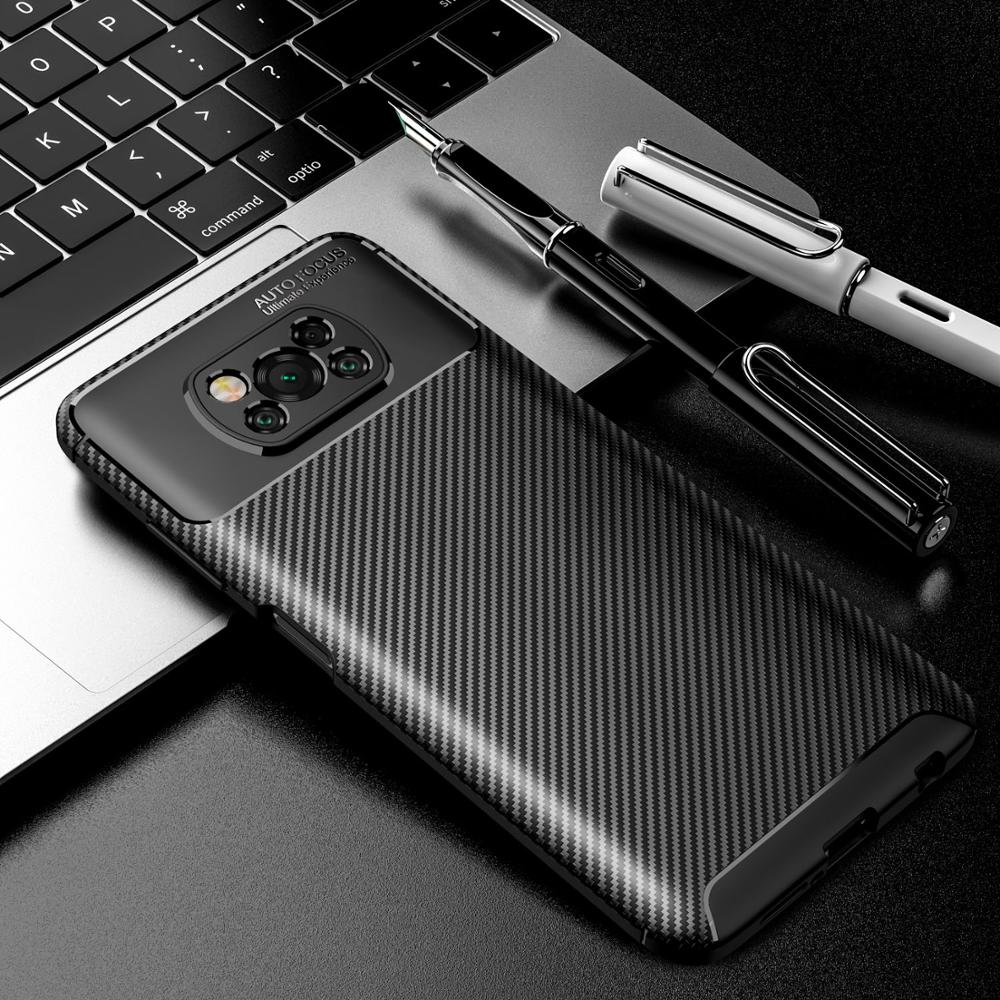 KEYSION-funda trasera del teléfono para Pocophone X3 NFC, funda trasera de silicona a prueba de golpes con textura de fibra de carbono y NFC, modelo funda de teléfono para Xiaomi POCO X3: Black