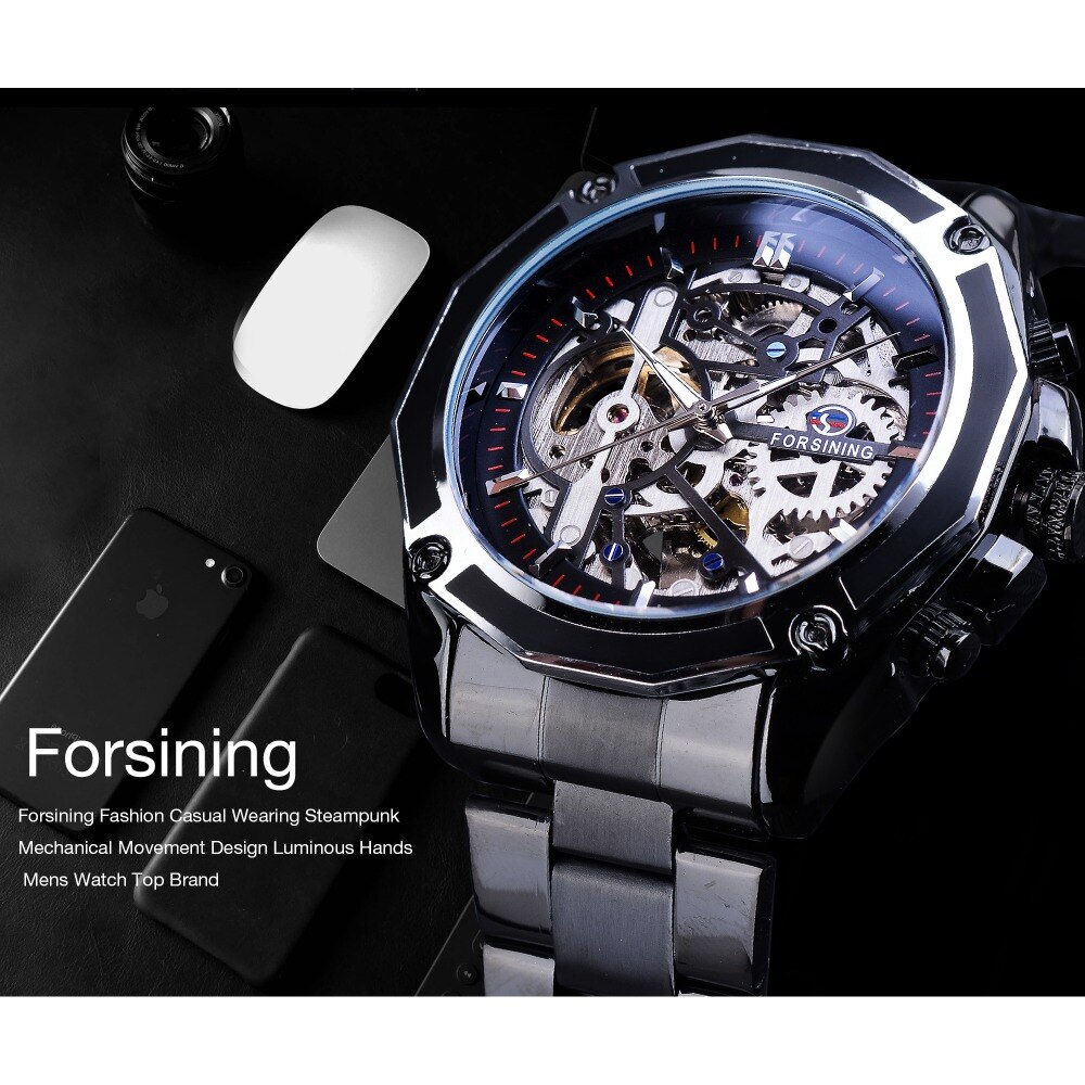 Forsining Mode Steampunk Mechanische Beweging Zwarte Armband mannen Automatische Horloges Top Luxe Skeleton Klok