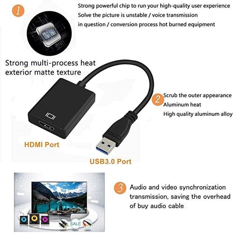 USB to H DMI Adapter Cable USB 3.0/2.0 to HDMl 1080P Video Converter for PC Laptop Plug And Play