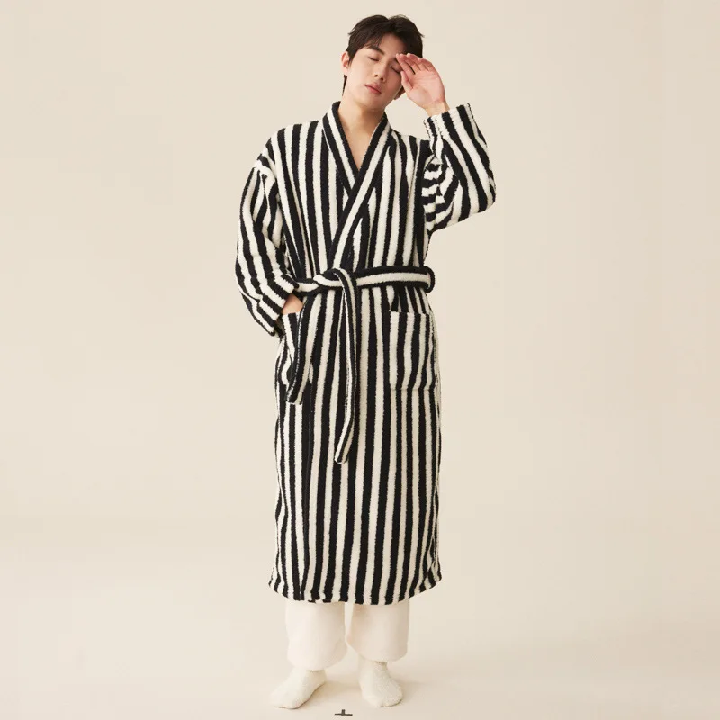 Tykke flanellkåpe bukser pyjamassett høst vinter par korall fløyel kvinner menn badekåpe stripete lengde hjemmeklær: Xl / Elfenben