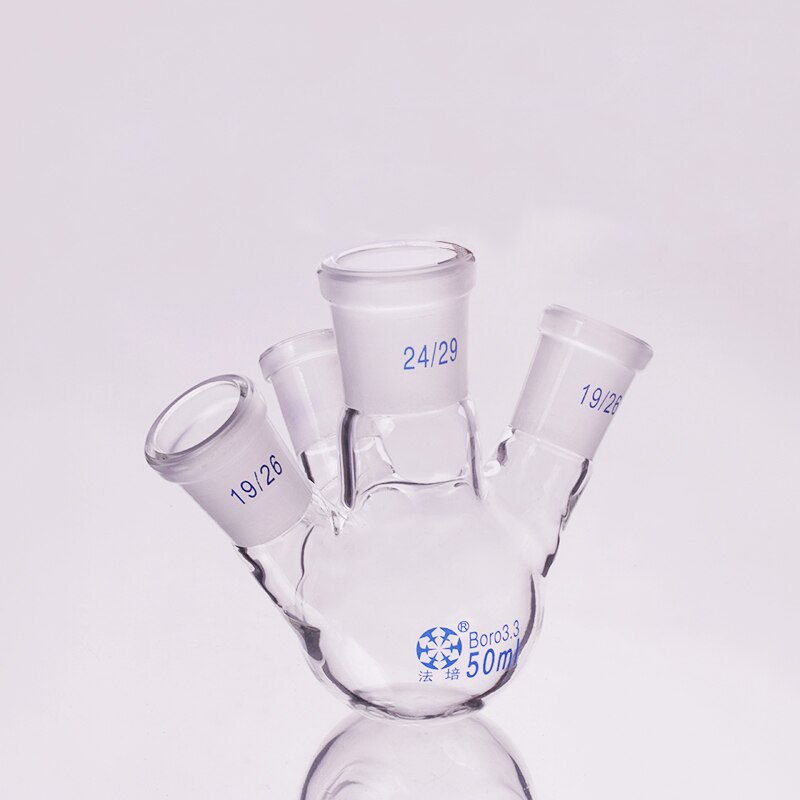 Four-necked flask oblique shape,with four necks standard grinding mouth,Capacity 50ml,Four ground mouth 24/29+19/26+19/26+19/26