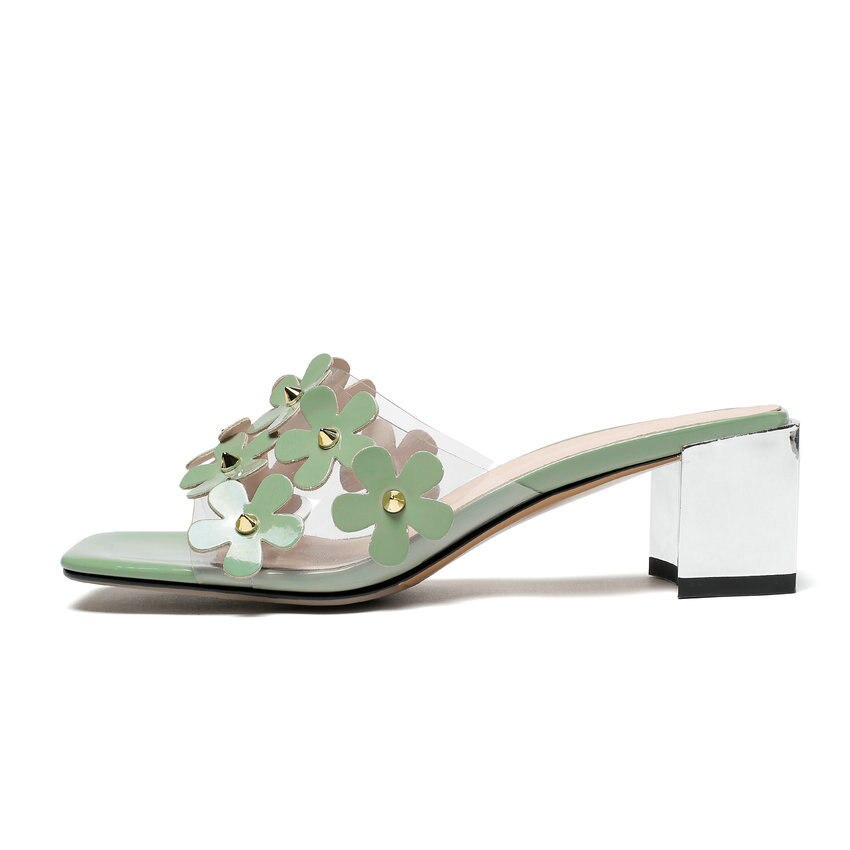 Qutaa Open Tenen Bloemen Sandalen Pu Leer Transparante Dames Pumps Zomer Vierkante Hak Slingback Vrouwen Schoenen Big Size 34-42