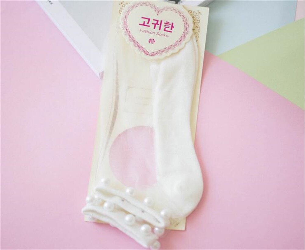 Lolita jeune fille japonaise belle avec perle femme chaussettes courtes multiples couleurs coton Socks B426: white