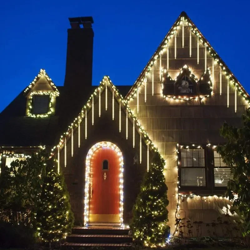 Garten-Lichterkette, 8 Röhren, Weihnachtsdekoration, Feen-Straßenlaterne, LED-Außengirlande, Beleuchtung, Meteorschauer, Lichter, uns/EU-Stecker