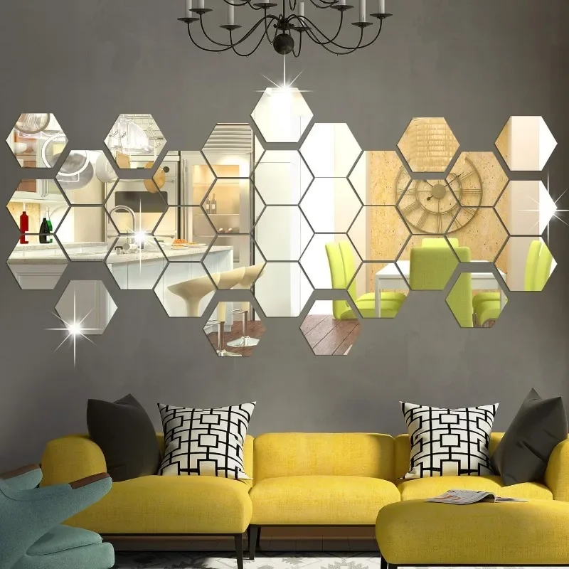 Pegatinas de pared de espejo acrílico hexagonales autoadhesivas, pegatinas de decoración de espejo autoadhesivas DIY, pegatinas de decoración de pared de habitación y dormitorio