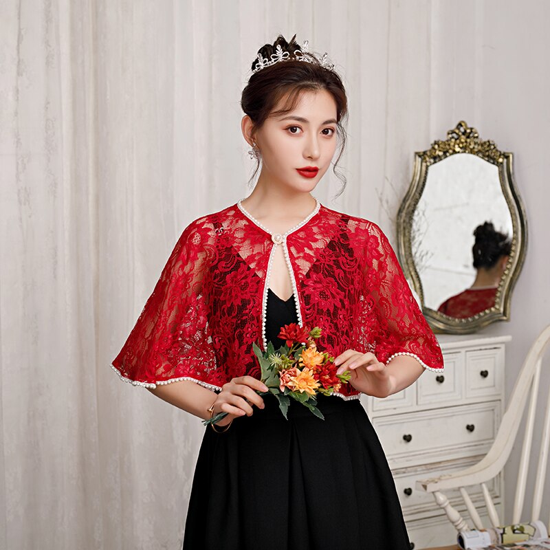 Women Lace Jacket Evening Wraps Bridal Wedding Party Bolero Pears Beaded With Brooch: Wine Red