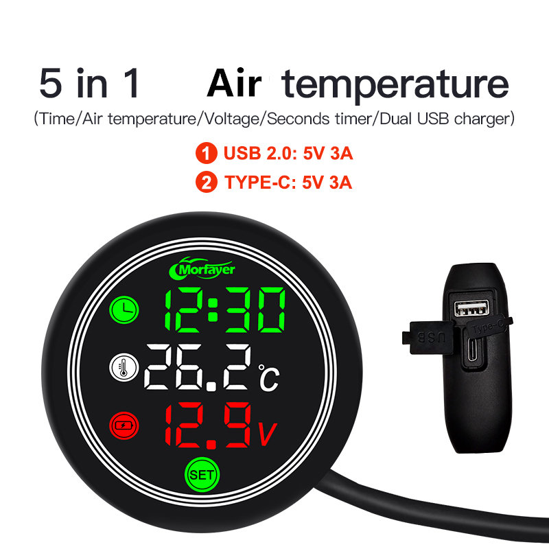 Motorfiets paneel digitale universele temperatuurklok mini full screen thermometer 5 in 1 touchscreen usb type-c meter: Donkergrijs