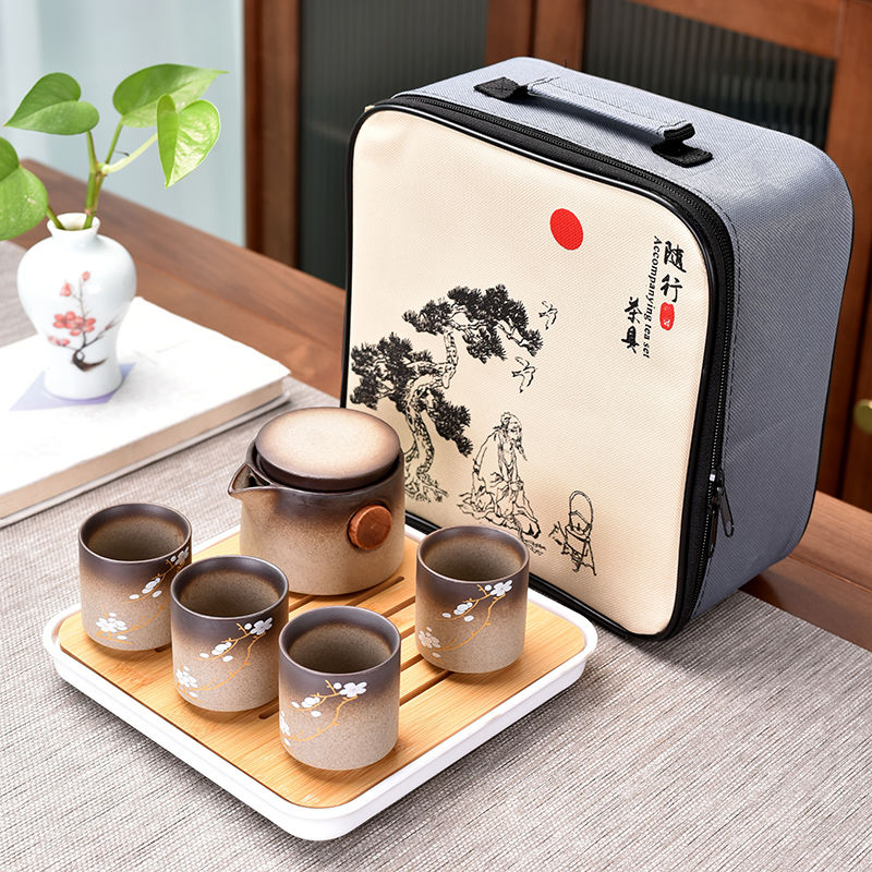 Japanese-style Cherry Blossom Kung Fu Tea Set Small Set One Pot Two Cups Four Cups Portable Travel Tea Set Tea Pot Tea Tray: bag set  B