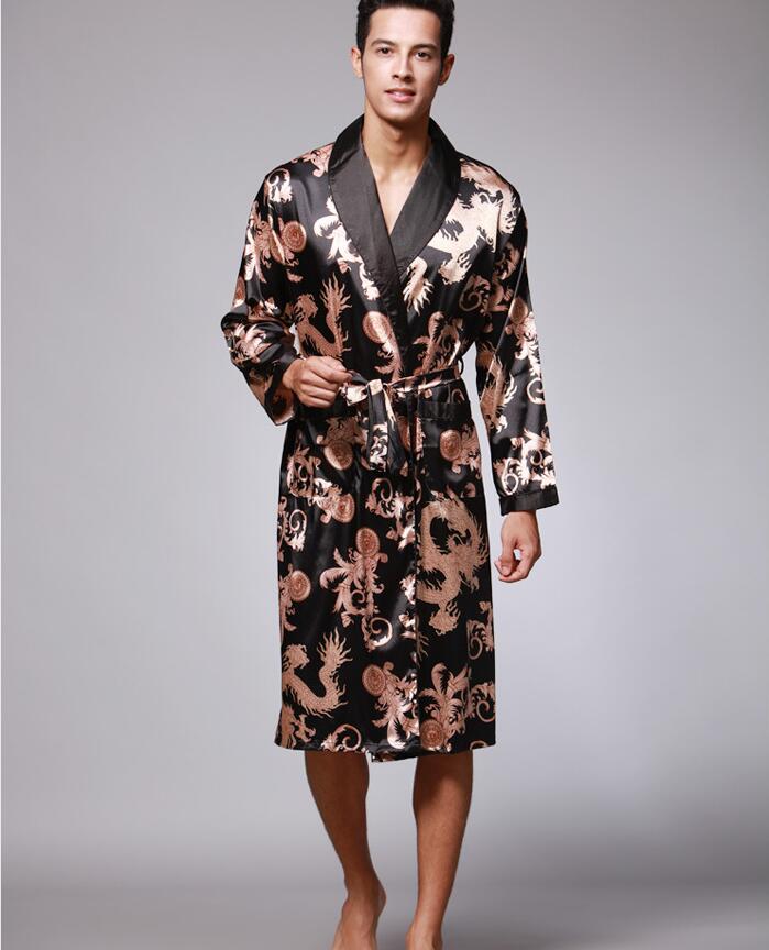 YT- 027 Spring Autumn Luxury Bathrobe Mens Print Plus Size Satin Pajamas Silk Nightgown: Black