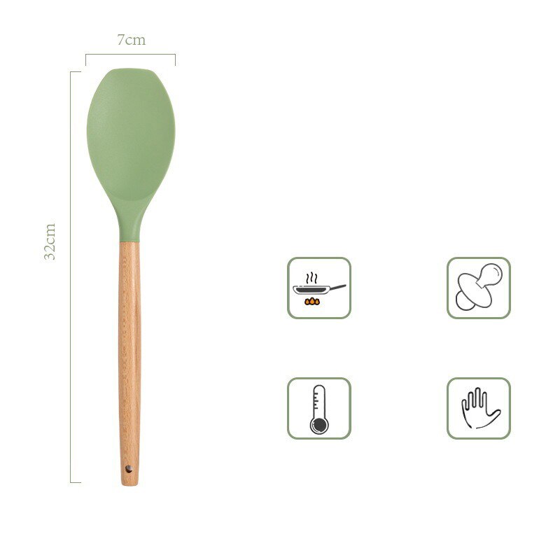 Avocado Green Silicone Utensils Cooking Kitchenware Tool Set With Wooden Handle Non-Stick Spatula Ladle Egg Beaters Shovel: G