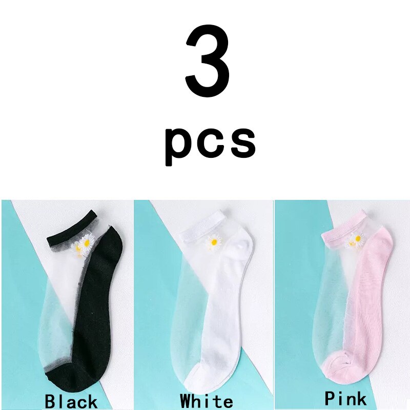 Calcetines de malla ultrafinos para mujer, medias transparentes de seda y fibra de vidrio, tobilleras, margaritas y flores, Sexy, 5 par/lote: Style 8