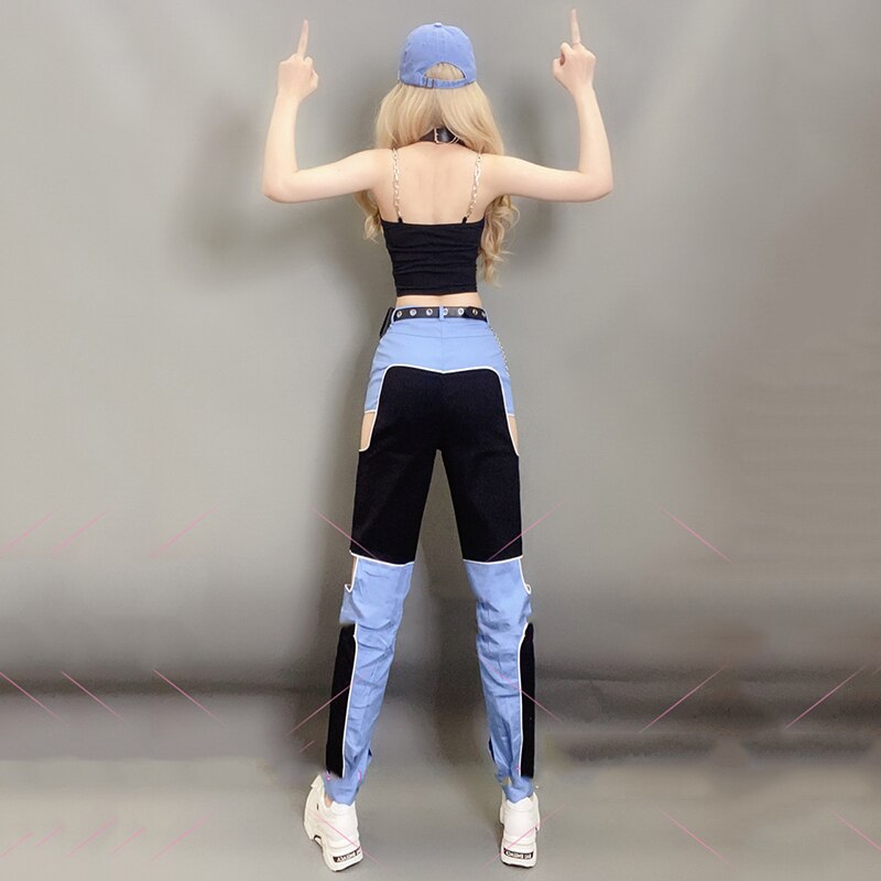 Hip Hop Street Dance Performance Costume Female Jazz Dancing Practice Clothing Stitching Blue Trousers Nightclub Suit DNV13082