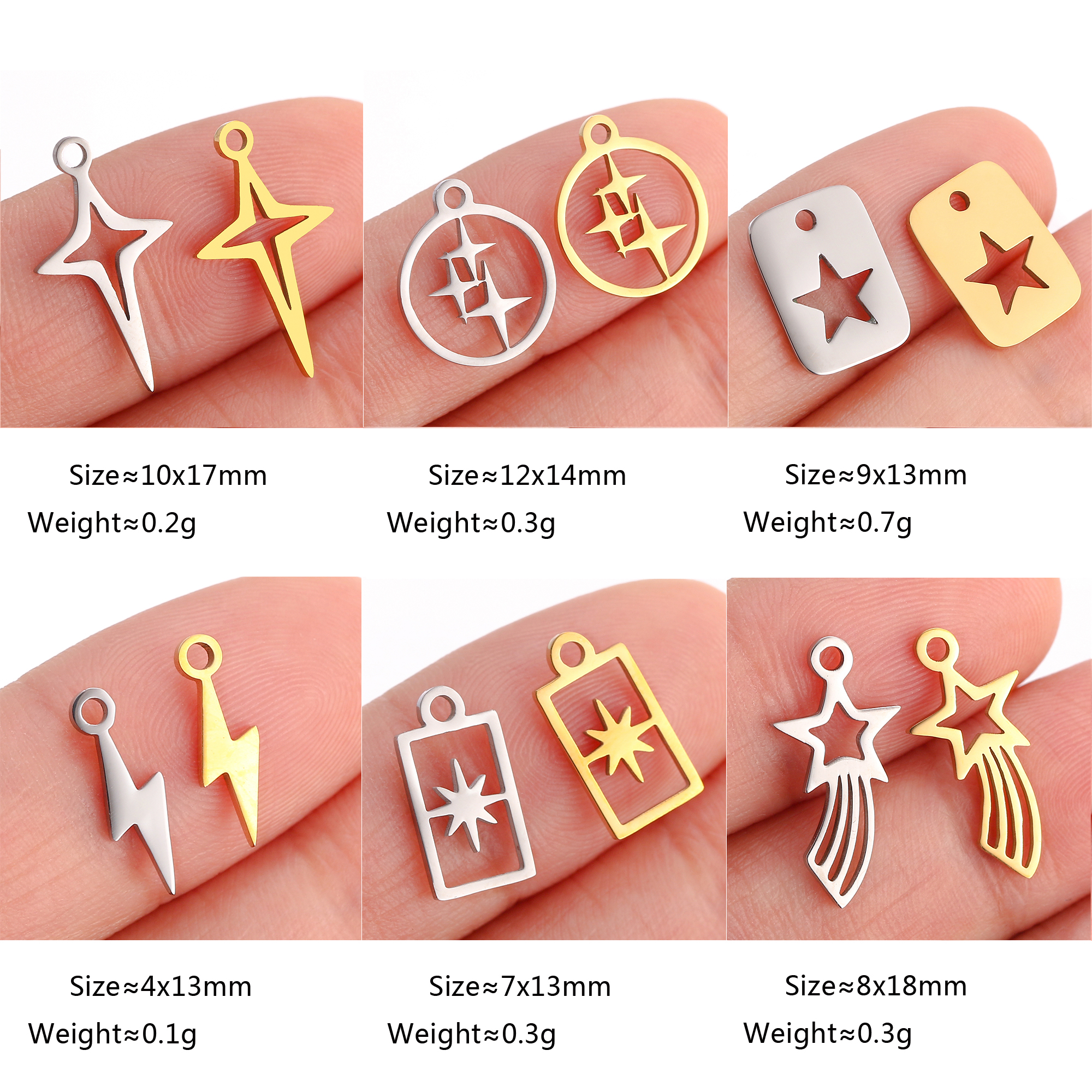 Lote de 5 unidades de Mini dijes de estrella Celestial, colgante de pentagrama/estral/Meteor/luna de acero inoxidable DIY para pendientes, pulseras, fabricación de joyas