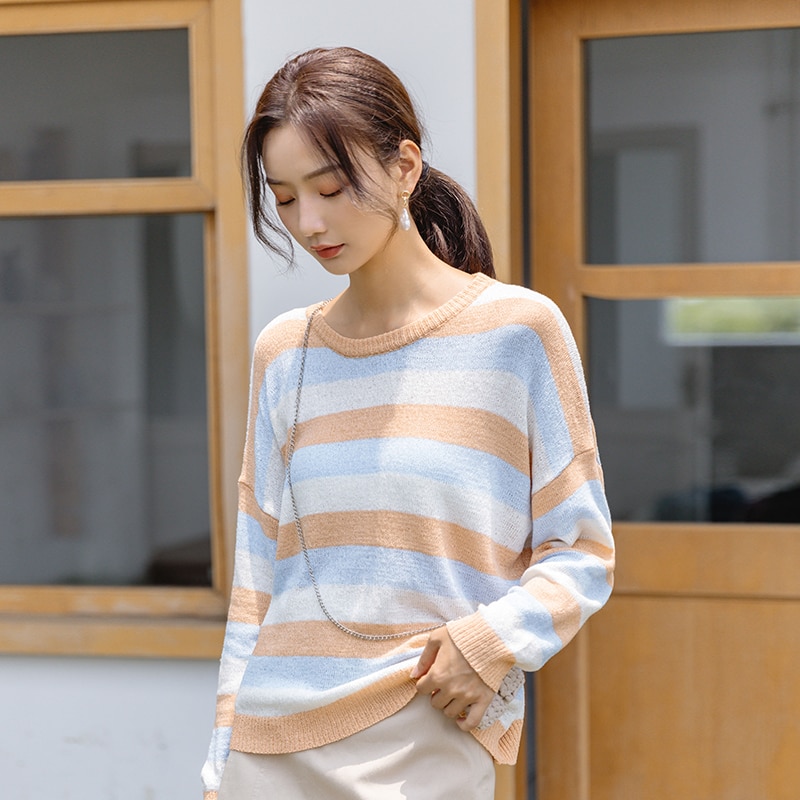 Koreansk stil dam tröja höst lat regnbåge randig lös söt tröja långärmad stickad tröja dam rund hals dam