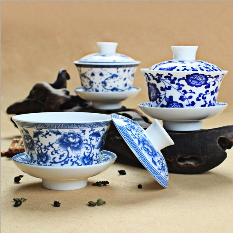 Bol à thé KungFu chinois bleu et blanc | Service à thé bleu et blanc de grande capacité de 300ml, théière Gaiwan, bol de couvercle en céramique, Service à thé