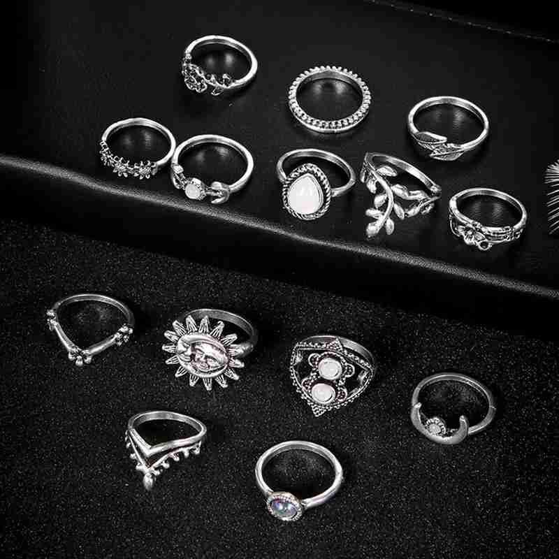14 Stks/set Moon & Sun Knuckle Opal Set Blad Bloem Hart Kroon Ringen Voor Vrouwen Femme Boho Verklaring Jewelry