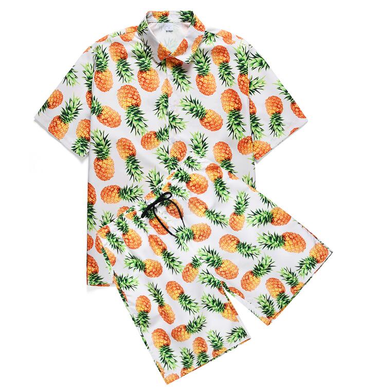 Hawaii skjorter med blomsterprint til mænd+shorts sæt kortærmede skjorter til mænd afslappet tøjsæt til mænd træningsdragt plus str.: L