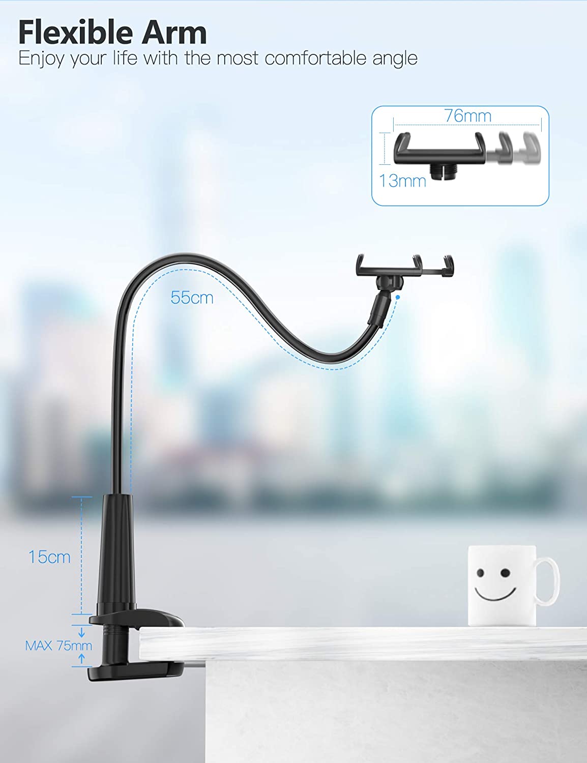Tryone Soporte Movil Teléfono - Soporte Flexible con Brazo de Cuello de Cisne para Serie iPhone /Celulares Samsung/Huawei/Google Pixel y Más, 70 cm de Longitud en Total