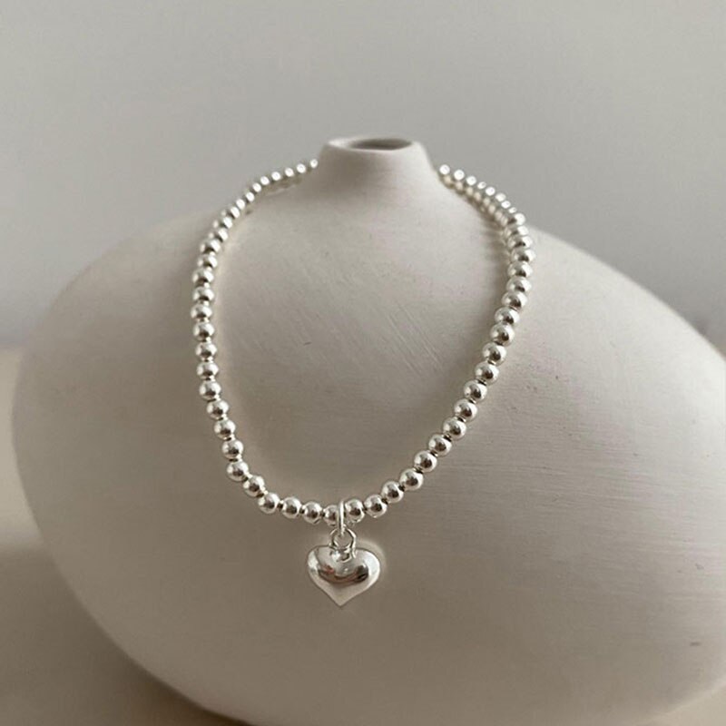 ANENJERY Silber Farbe Geometrische Quadrat Herz Anhänger Armband Einfache Weibliche Perlen Kette Armband: Heart