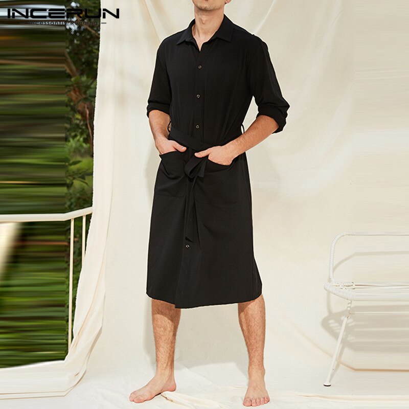 INCERUN Sleepwear Robes Men Long Sleeve Lapel Shirts Homewear Baggy Solid Color Sleep Robe Man Leisure Buttons Bathrobes