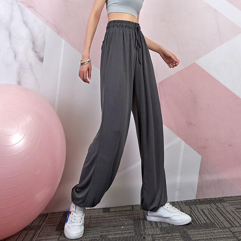 Women's loose-fitting track pants, loose running straight pants, slimming fitness pants, high waist yoga pants, summer thin wome: Gray / L