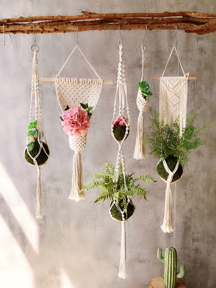 Tuinieren Groene Plant Hangende Mand Katoenen Touw Hanger Bloempot Handgemaakte Macrame Pot Zakmuur Boho Binnenplaats Home Decor
