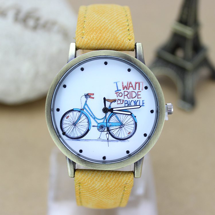 New Fashion Men orologio da bicicletta donna Jean tessuto cinturino in pelle abito orologi Relogio Feminino orologio al quarzo Casual da donna ora calda: yellow